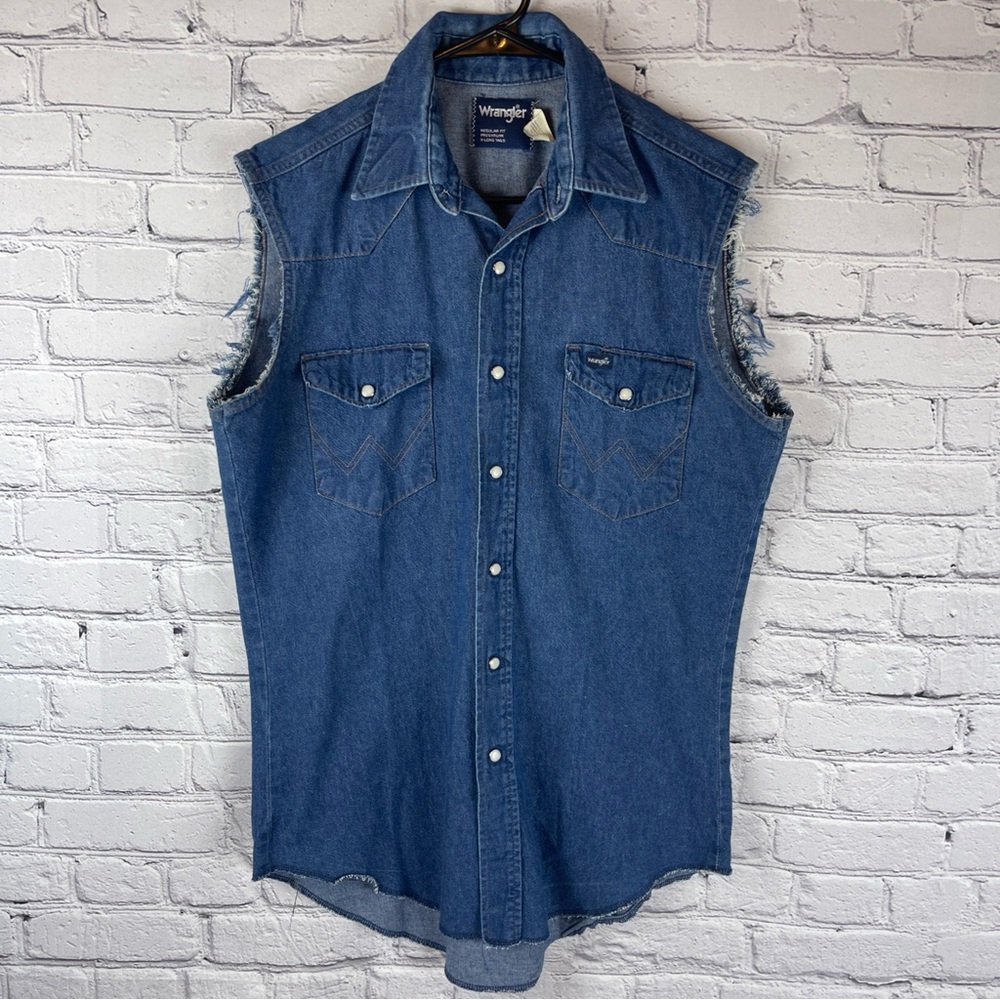 Vintage Wranglers Sleeveless Denim Shirt Men’s Medium Pearl‎ Snap USA